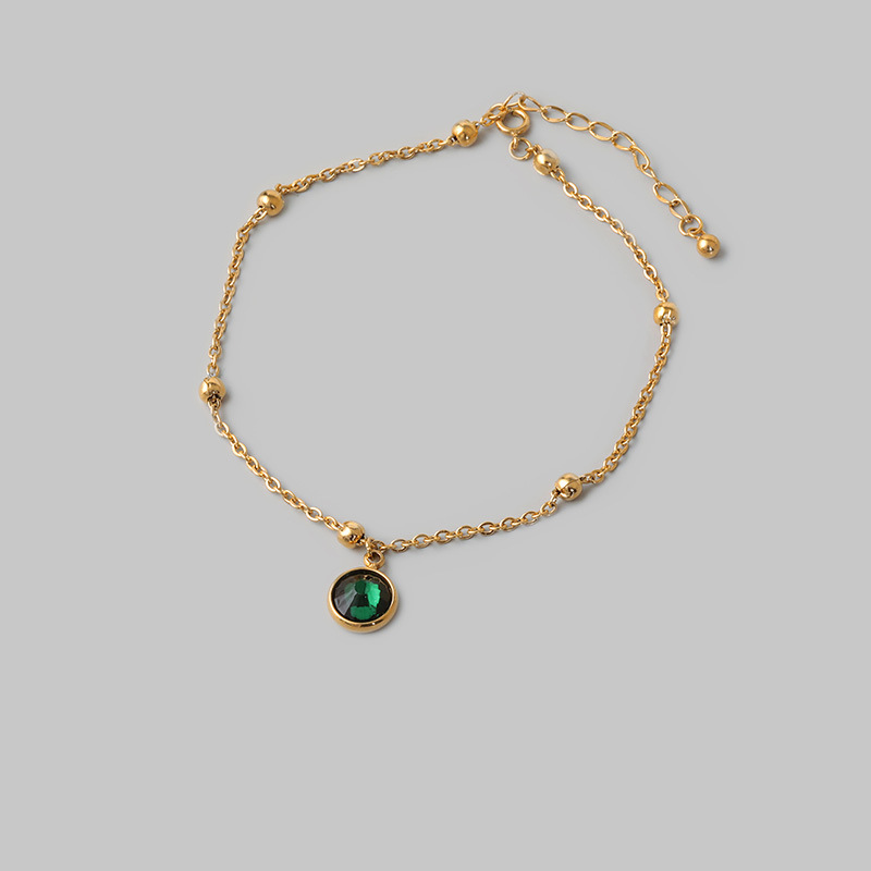 Dainty Gold Anklet with Green Crystal Pendant and Beaded Chain